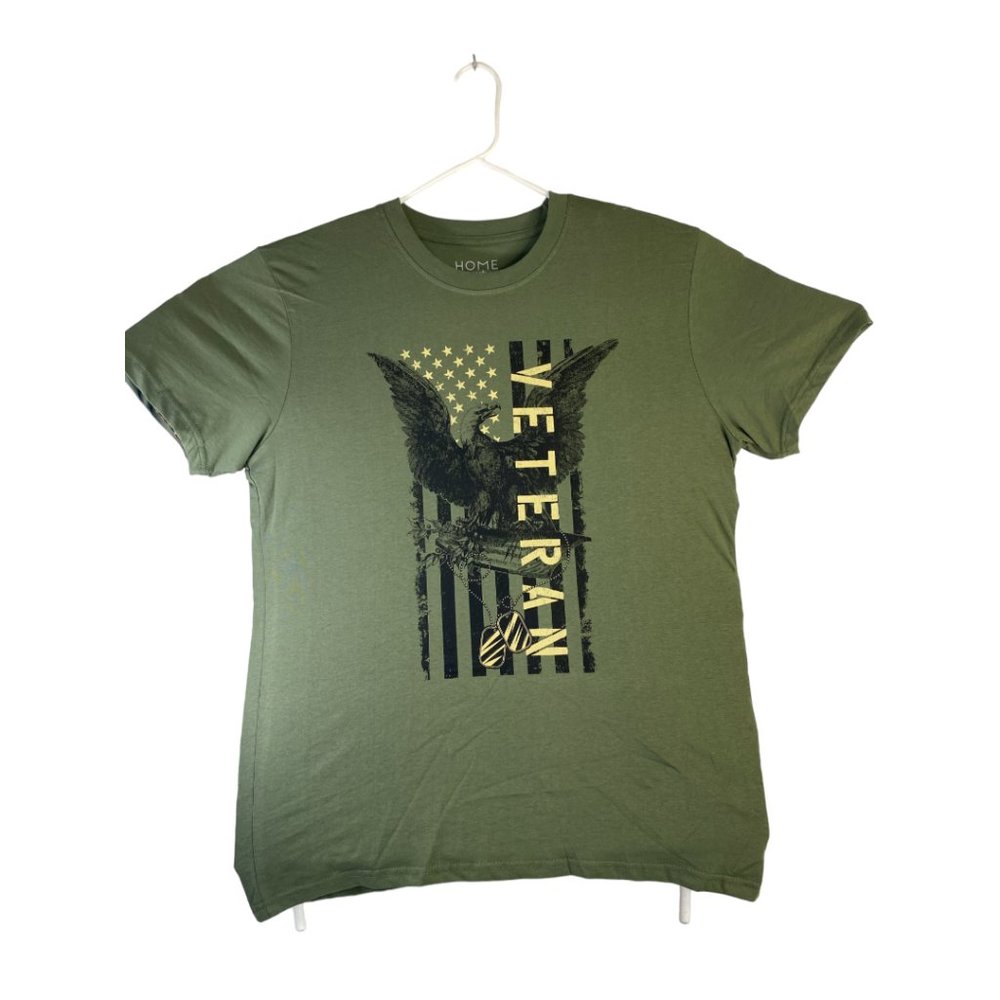 Men's Veteran Patriotic Graphic Flag Eagle Dog Tags Tee Military Green Size L